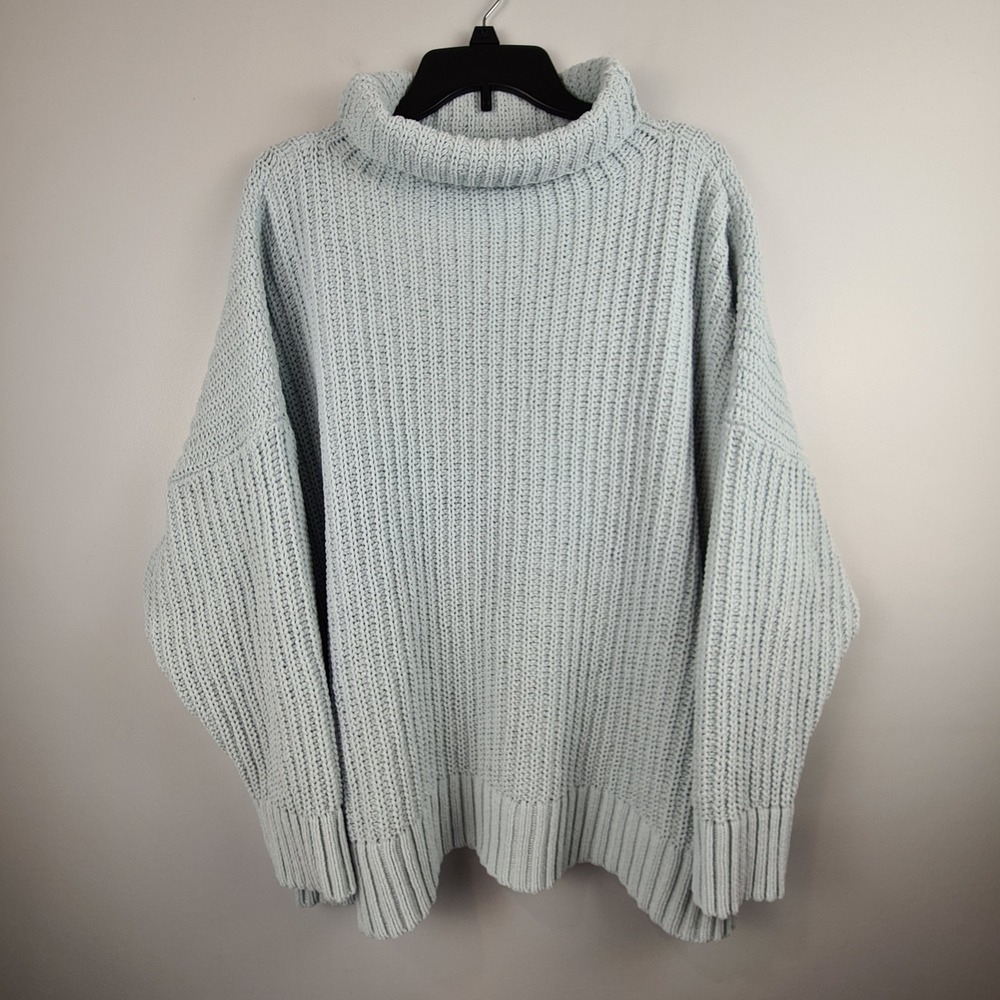 Aerie Womens XL Oversized Chenille Turtleneck Sweater Light Blue Chunky Ribbed